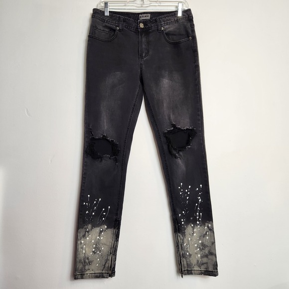 Black Other - Black Skinny Flex Mens Jeans Sz 30x32 Distressed Paint Splatter Grunge Y2K Punk